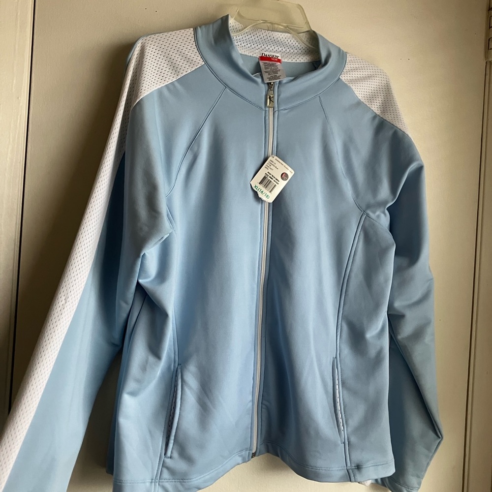 Danskin Now Women’s XL Zip-Up Jacket Celestial Blue & White Poly Tech Mesh NWT